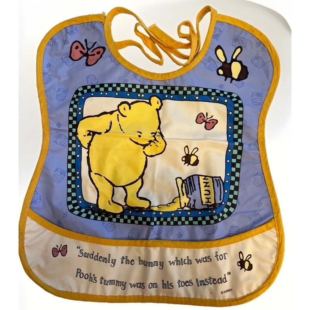 Vintage‎ Disney Winnie the Pooh Vinyl Baby Bib Hunny Quote Wipe Clean Tie Neck
